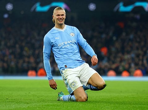 Manchester City's Erling Haaland celebrates after scoring their third goal against BSC Young Boys in the Champions League match at Etihad Stadium on Tuesday.