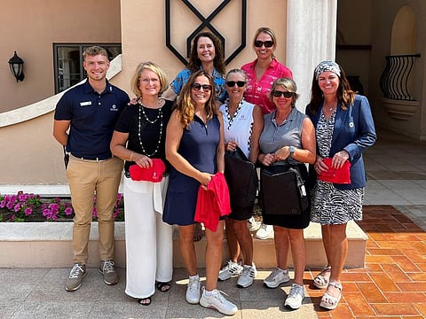 Left-Right (front) Ed Atack (Golf Services Executive), Philippa Stumbles, Claudia Kilcullen, Sue Stevens, Trudi McMullan, (Ladies Captain) Evelyn Downham, Left-Right (back) Sylvia van Der Tol, Anna Retha Rafferty
