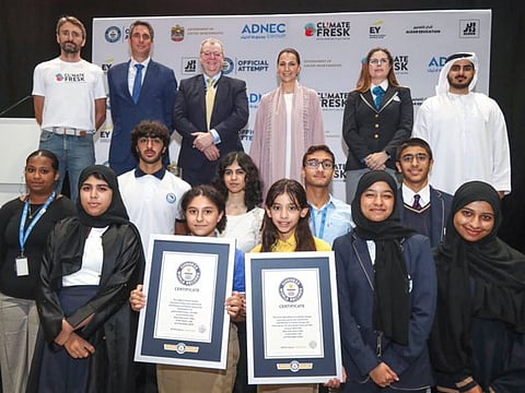 The cohort of Aldar Education climate conscious students gathered at Abu Dhabi’s ADNEC Exhibition and Conference Centre to break the record. The attempt was launched by Mariam Bint Mohammed Almheiri, Minister of Climate Change & Environment.