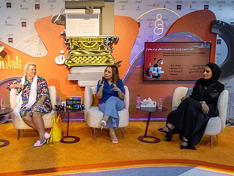 (from left) Authors K.J. Howe, Kenana Issa, and Dr Suaad Al Shamsi during a session titled ‘Unveiling the Unknown: The Secrets Behind Writing Engaging Detective Protagonists’, at SIBF 2023 at Expo Centre Sharjah