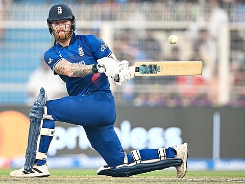 England's Ben Stokes plays a shot during the 2023 ICC Men's Cricket World Cup match against Pakistan at the Eden Gardens in Kolkata on November 11, 2023.