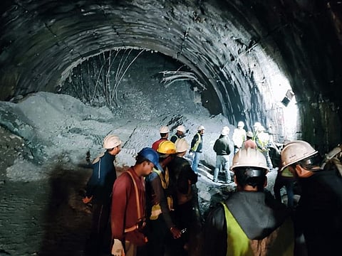 State Disaster Response Force (SDRF) and Police Revenue teams during a rescue operation at an under-construction tunnel from Silkyara to Dandalgaon that collapsed, in Uttarkashi.