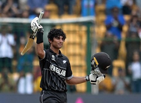 New Zealand's Rachin Ravindra celebrates after reaching his century during the Cricket World Cup match against Pakistan at the M. Chinnaswamy Stadium, Bengaluru, on November 4.