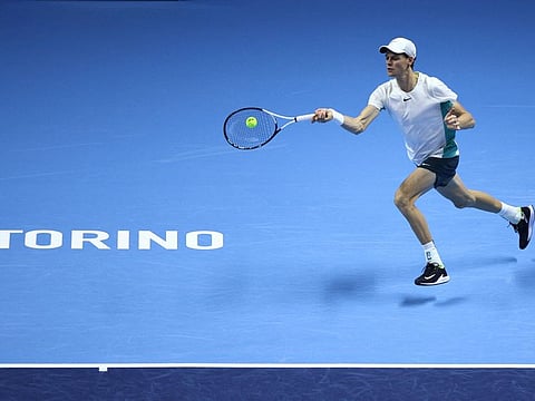 Italy's Jannik Sinner in action during his group stage match against Greece's Stefanos Tsitsipas at the ATP Finals in Pala Alpitour, on Sunday.
