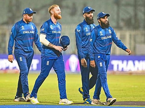 England's Ben Stokes, Moeen Ali and others during their match against Pakistan in the World Cup, at Eden Gardens in Kolkata on Saturday.