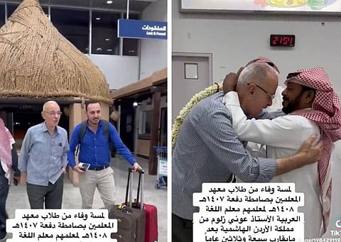 Screenshots show ex-students welcome their Jordanian teacher upon his arrival in Jizan.