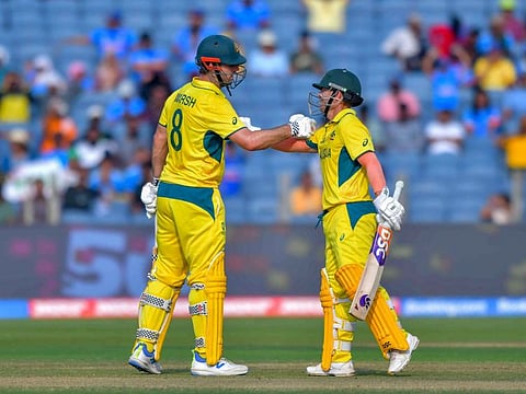 Australia's Mitchell Marsh and David Warner during their match against Bangladesh in the World Cup 2023 at Maharashtra Cricket Association Stadium in Pune.