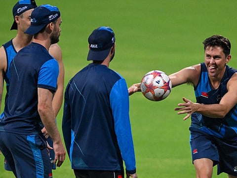 New Zealand's Trent Boult (right) attends a practice session along with teammates at Wankhede Stadium in Mumbai on Monday.