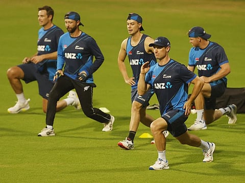 New Zealand players gearing up for the semifinals against India at Wankhede Stadium in Mumbai on Monday.