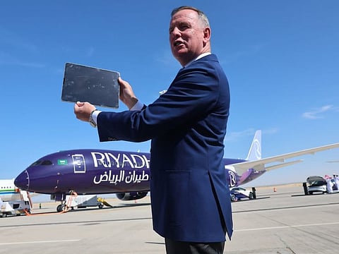 Riyadh Air CEO Tony Douglas unveiled the second livery for new Saudi airline at the Dubai Airshow in 2023.