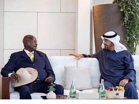 President His Highness Sheikh Mohamed bin Zayed Al Nahyan (right) with Yoweri Museveni, President of the Republic of Uganda, at Qasr Al Shati in Abu Dhabi on Monday