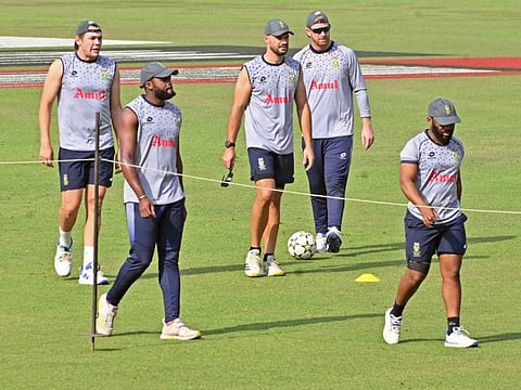 South Africa's captain Temba Bavuma and teammates during a practice session ahead of the semi-final match against Australia in the World Cup at Eden Gardens in Kolkata on Monday.