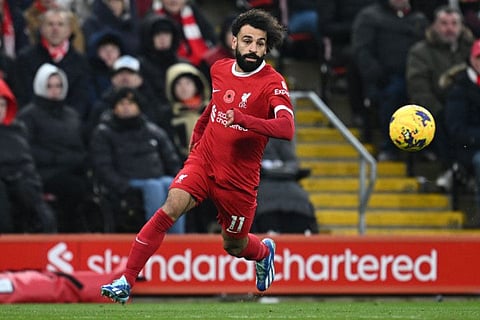 Liverpool's Egyptian striker Mohamed Salah in action during the Premier League match against Brentford at Anfield in Liverpool on November 12.