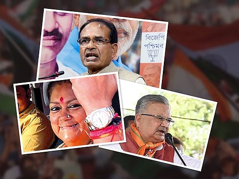 Upcoming assembly elections in India have the potential to significantly impact the political careers of Madhya Pradesh Chief Minister Shivraj Singh Chauhan (top), former Rajasthan Chief Minister Vasundhara Raje Scindia (left), and the resurrected former Chief Minister of Chhattisgarh, Raman Singh (right)