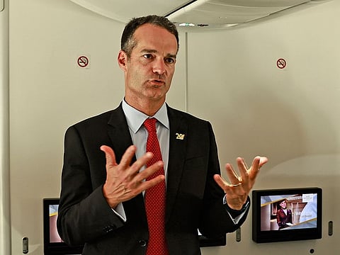 Etihad CEO Antonoaldo Neves speaks to press when onboard the Etihad Dreamliner 787-9 during the Dubai Airshow 2023.