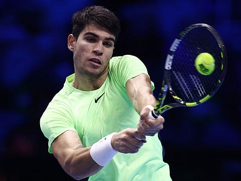 Spain's Carlos Alcaraz in action during his group stage match against Russia's Andrey Rublev in the ATP Finals at Turin, Italy on Wednesday.