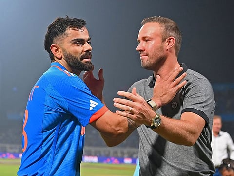 India's Virat Kohli with former South African cricketer AB de Villiers during the match against South Africa in the World Cup 2023 at Eden Gardens in Kolkata on Sunday.
