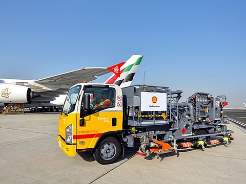 An Emirates A380 being loaded with sustainable aviation fuel (SAF). The UAE's aviation sector is leading the way in sustainable transformation as the on-going Dubai Airshow 2023 homes in on SAF.