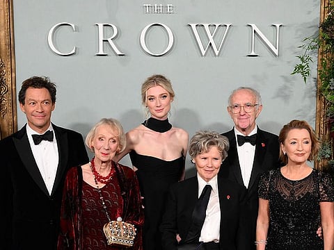 English actor Dominic West (from L), English actor Marcia Warren, Australian actor Elizabeth Debicki, English actor Imelda Staunton, Welsh actor Jonathan Pryce and English actor Lesley Manville.