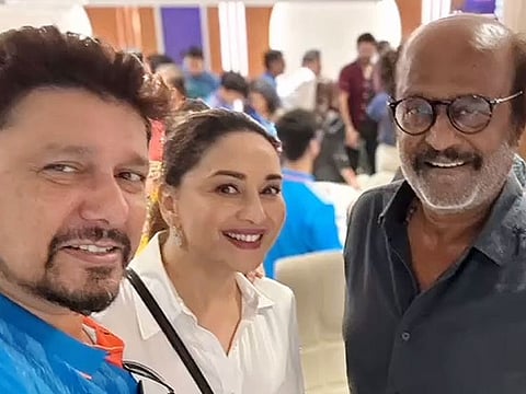 Dr. Nene, Madhuri Dixit and Rajinikanth attend the World Cup semi-final clash between India and New Zealand