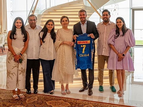 Mukesh Ambani, his wife Nita Ambani, daughter Isha and son Akash were joined by Shloka Mehta and Anant Ambani's fiance, Radhika Merchant for a picture with David Beckham