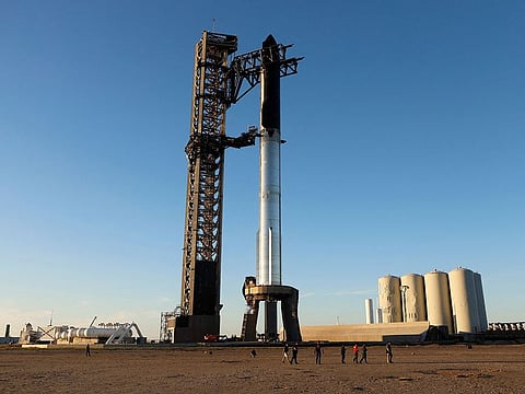 SpaceX's next-generation Starship spacecraft atop its powerful Super Heavy rocket is prepared for launch from the company's Boca Chica launchpad on an uncrewed test flight, near Brownsville, Texas.