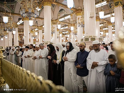 Worshippers attend prayers at the Prophet’s Mosque in Medina.