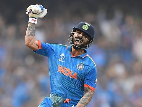 Virat Kohli celebrates his 50th ODI century during the semi-final against New Zealand in Mumbai on Wednesday.