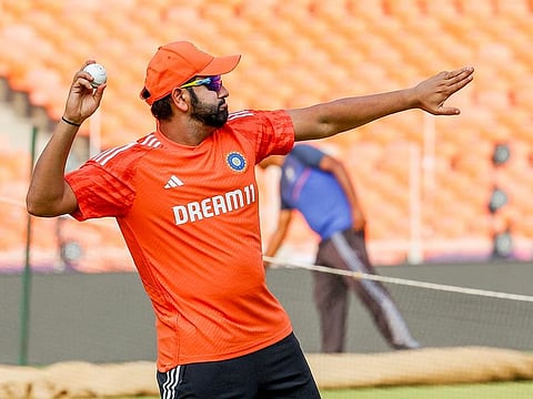 India's captain Rohit Sharma during a practice session ahead of the 2023 Cricket World Cup final match against Australia, at Narendra Modi Stadium in Ahmedabad.