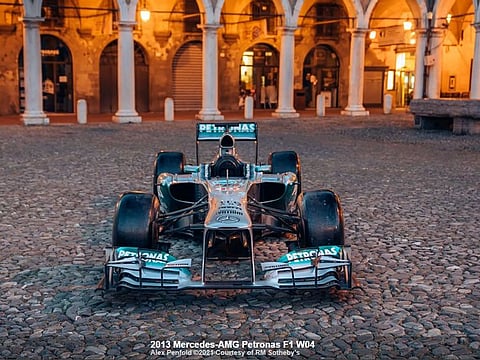 A screengrab shows pictures taken for RM Sotheby’s ahead of the auction of the car Lewis Hamilton drove to his first Formula One win for Mercedes