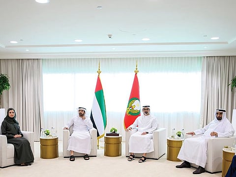 (second from right) Sheikh Khaled bin Mohamed bin Zayed Al Nahyan, Crown Prince of Abu Dhabi and Chairman of the Abu Dhabi Executive Council, and (second from left) Sheikh Hamdan bin Mohammed bin Rashid Al Maktoum, Crown Prince of Dubai and Chairman of the Executive Council of Dubai, launch the initiative's implementation stage