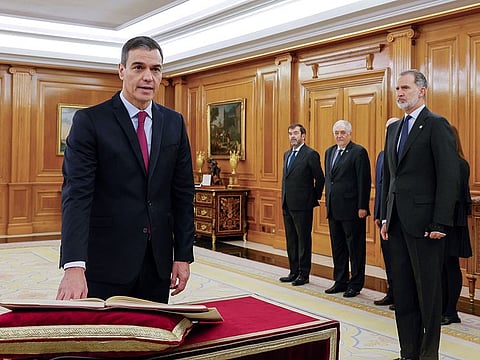 Spain's Prime Minister Pedro Sanchez takes the oath of office during a ceremony at Zarzuela Palace in Madrid, Spain November 17, 2023