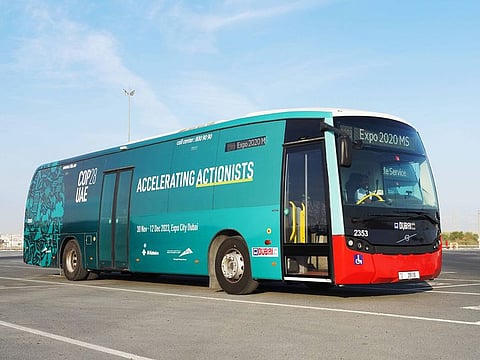 A COP28-themed public bus in Dubai