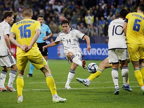 Italy's Federico Chiesa shoots at goal during the Euro 2024 Qualifier Group C match against Ukraine at BayArena, Leverkusen, Germany on Monday.