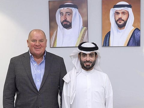 Peter Richards, Group CEO of Gulftainer, with Sheikh Khalid bin Abdullah Al Qasimi, Chairman for Sharjah Ports, Customs and Free Zones Authority, during the signing of the agreement