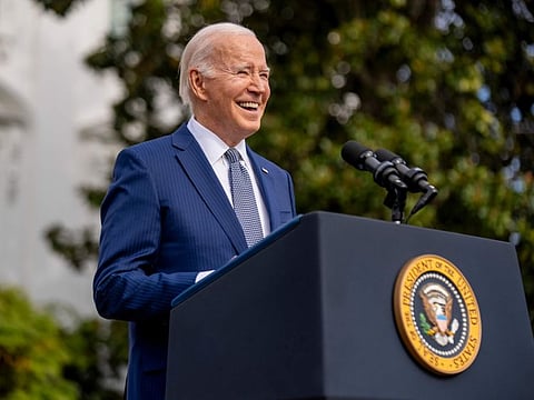 President Joe Biden speaks before pardoning the national Thanksgiving turkeys, Liberty and Bell, at a ceremony on the South Lawn of the White House in Washington, Monday, Nov. 20, 2023.
