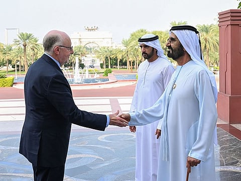His Highness Sheikh Mohammed bin Rashid Al Maktoum, Vice President and Prime Minister of UAE and Ruler of Dubai (right) receives a delegation member, in the presence of Sheikh Hamdan bin Mohammed bin Rashid Al Maktoum, Crown Prince of Dubai, at a reception at Za’abeel Palace in Dubai on Tuesday
