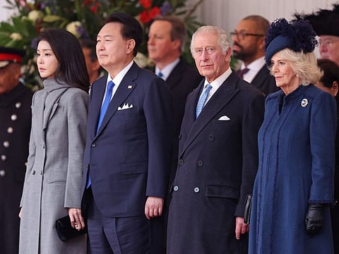 First Lady of South Korea, Kim Keon-hee, President of South Korea, Yoon Suk Yeol, Britain's King Charles III, Secretary of State for the Home Department, James Cleverly and Queen Camilla attend a ceremonial welcome for The President and the First Lady of the Republic of Korea at Horse Guards Parade on November 21, 2023 London, Britain.