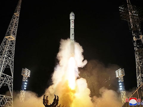 A rocket carrying the reconnaissance satellite 'Malligyong-1' being launched from the Sohae Satellite Launch Site in North Phyongan province.