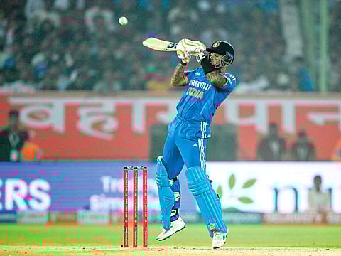 AFPIndia’s captain Suryakumar Yadav ramps one to the fence during the first T20I against Australia in Visakhapatnam on Thursday.