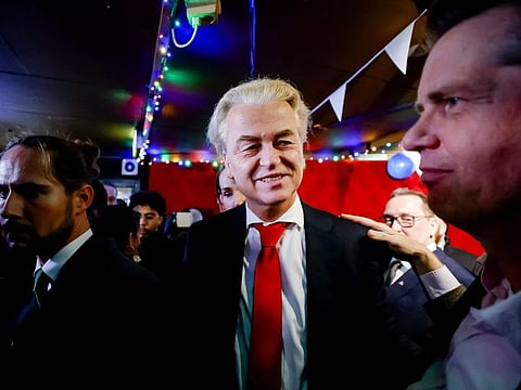 PVV leader Geert Wilders reacts to the results of the House of Representatives elections in Scheveningen, the Netherlands, 22 November 2023.