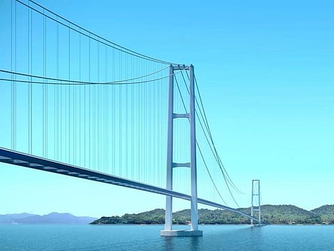An artist's view of a long-span suspension bridge, planned to link up the islands of Luzon and Northern Samar over San Bernardino Strait in eastern Philippines.