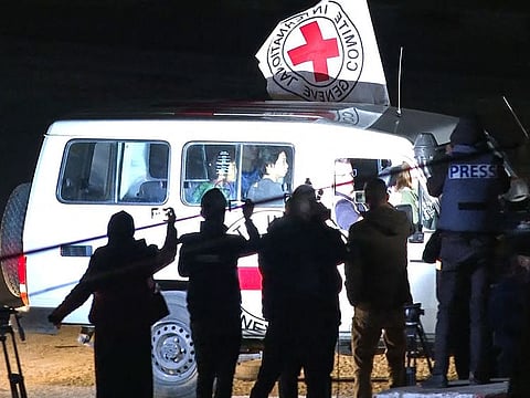 International Red Cross vehicle reportedly carrying hostages released by Hamas driving towards the Rafah border point with Egypt ahead of their transfer to Israel.