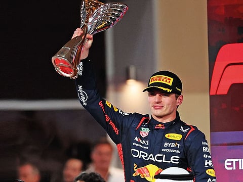 Max Verstappen of Red Bull celebrates after winning the Formula One Etihad Airways Abu Dhabi Grand Prix 2023 at the Yas Marina Circuit on November 26, 2023. It was  the Dutch driver’s 19th  victory in the 23-race season.