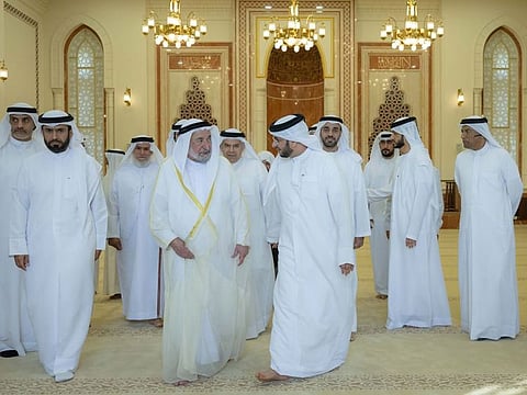 His Highness Dr Sheikh Sultan bin Muhammad Al Qasimi (front, second from left), Supreme Council Member and Ruler of Sharjah, during the inauguration of the mosque on Sunday
