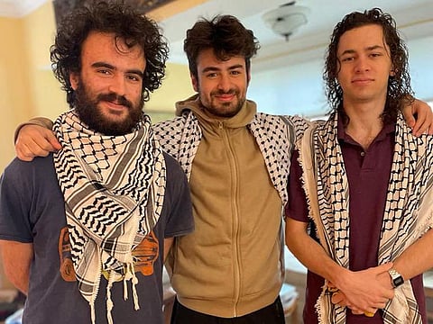 This undated handout photo provided by the Institute for Middle East Understanding shows Hisham Awartani, Tahseen Ali, and Kenan Abdul Hamid, who were shot on their way to a family dinner.