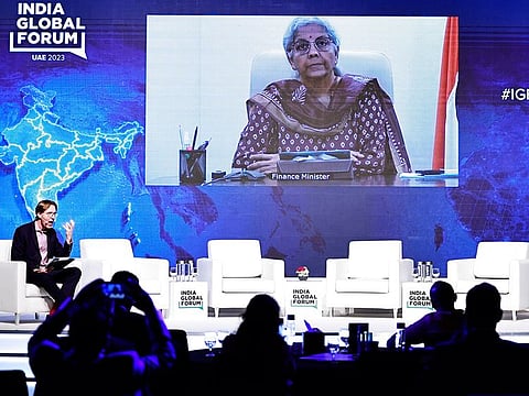 Indian Finance Minister Nirmala Sitharaman attends a virtual session on the opening day of the India Global Forum in Dubai