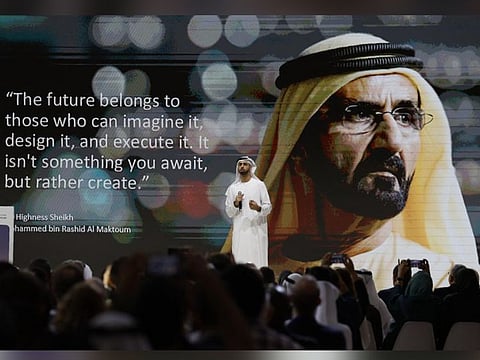 Omar Sultan Al Olama, Deputy Managing Director of the Dubai Future Foundation, gives an opening remarks at Dubai Future Forum at Museum of the Future in Dubai.