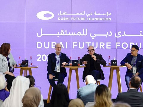 Prof. Paolo Dario, Dubai Future Labs, Pawel Swieboda, NeuroCentury and Ken Chua, (these)abilities, along with the moderator Melanie Subin, Future Today Institute, during the panel discussion on  ‘Bionic Being: Will Wearable Technology Provide Us with the Option of a New Sixth Sense?’ at Dubai Future Forum in Museum of the Future in Dubai.