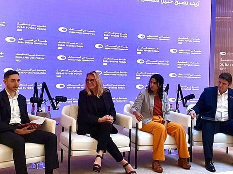 Prof. Alex Fergnani, Sarah DaVanzo, Alisha Bhagat and moderator Dr Gabriele Rizzo at the panel discussion on What makes a Futurist, at the Dubai Future Forum on Monday, November 27, 2023.